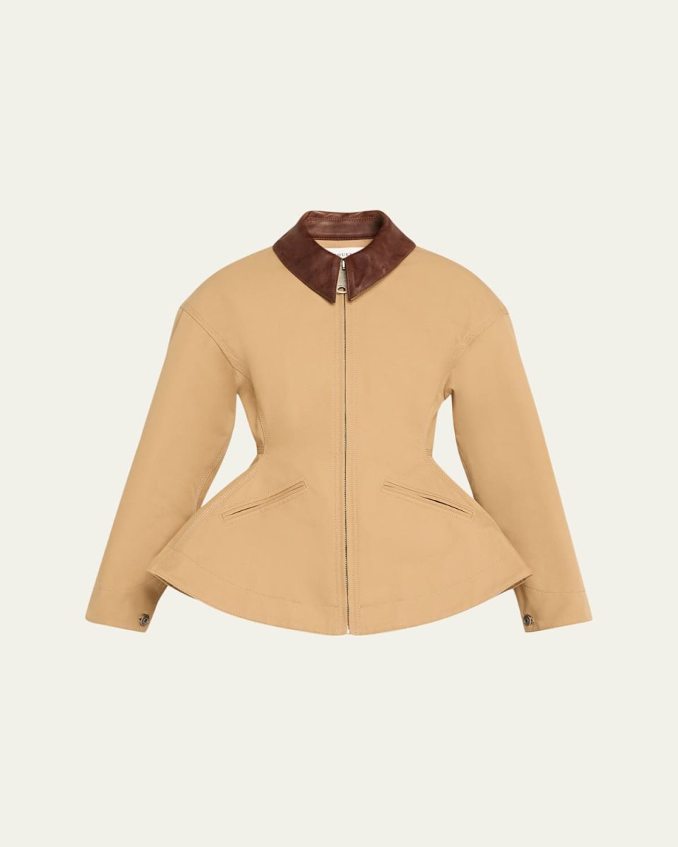 Waisted Canvas Full-Zip Jacket with Lambskin Collar